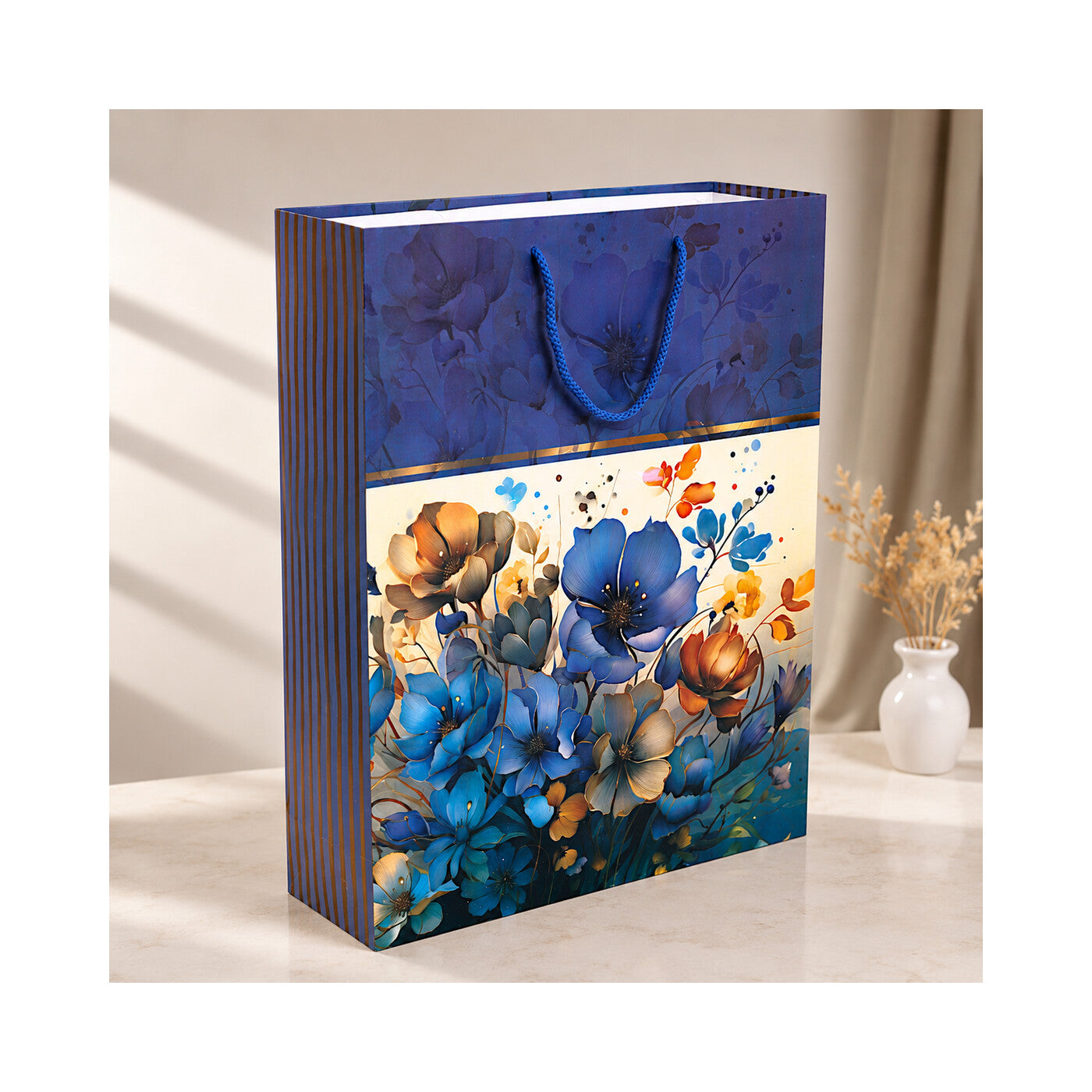 PB17 - Blue Floral Panel Large Paper Bag