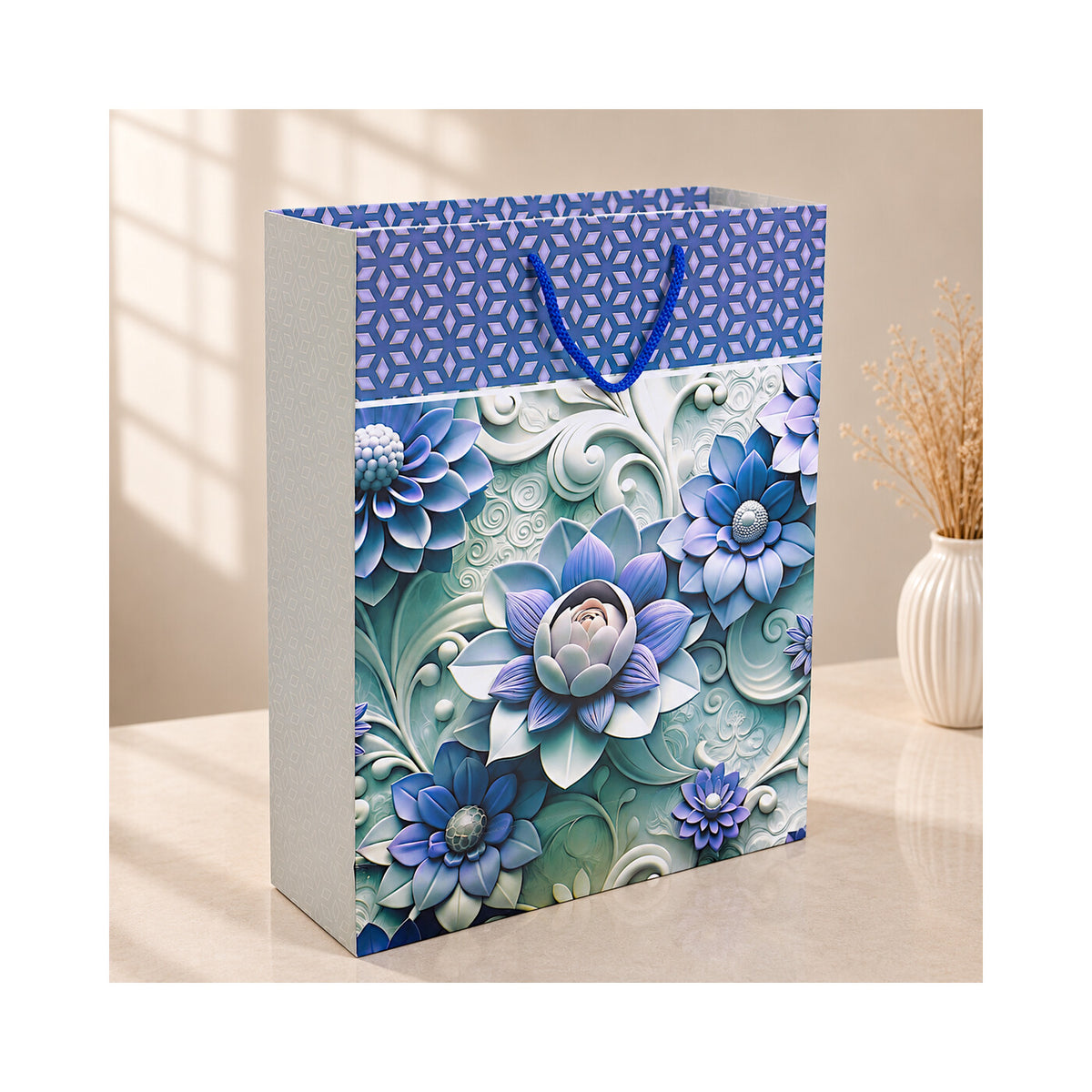 PB25 - Blue Succulent Floral Large Paper Bag