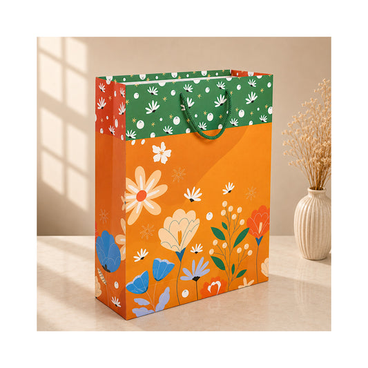 PB26 - Orange and Green Floral Large Paper Bag