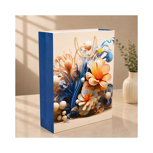 PB33 - Blue and Orange Floral Large Paper Bag