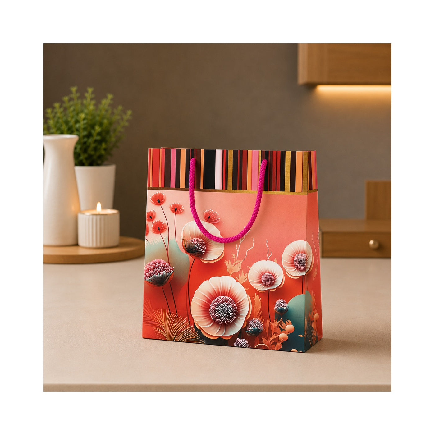 Red Floral Stripe Paper Bag - Grover Traders Paper Bag
