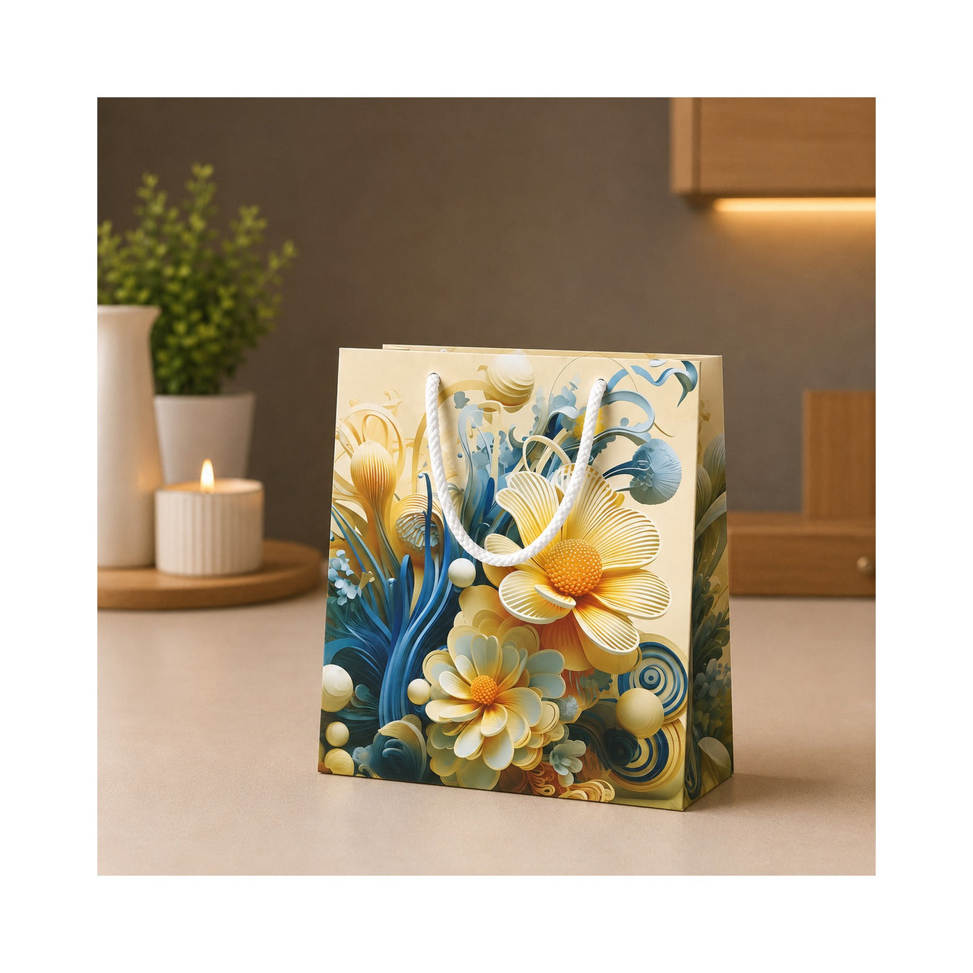 Blue and Gold Floral Paper Bag - Grover Traders Paper Bag