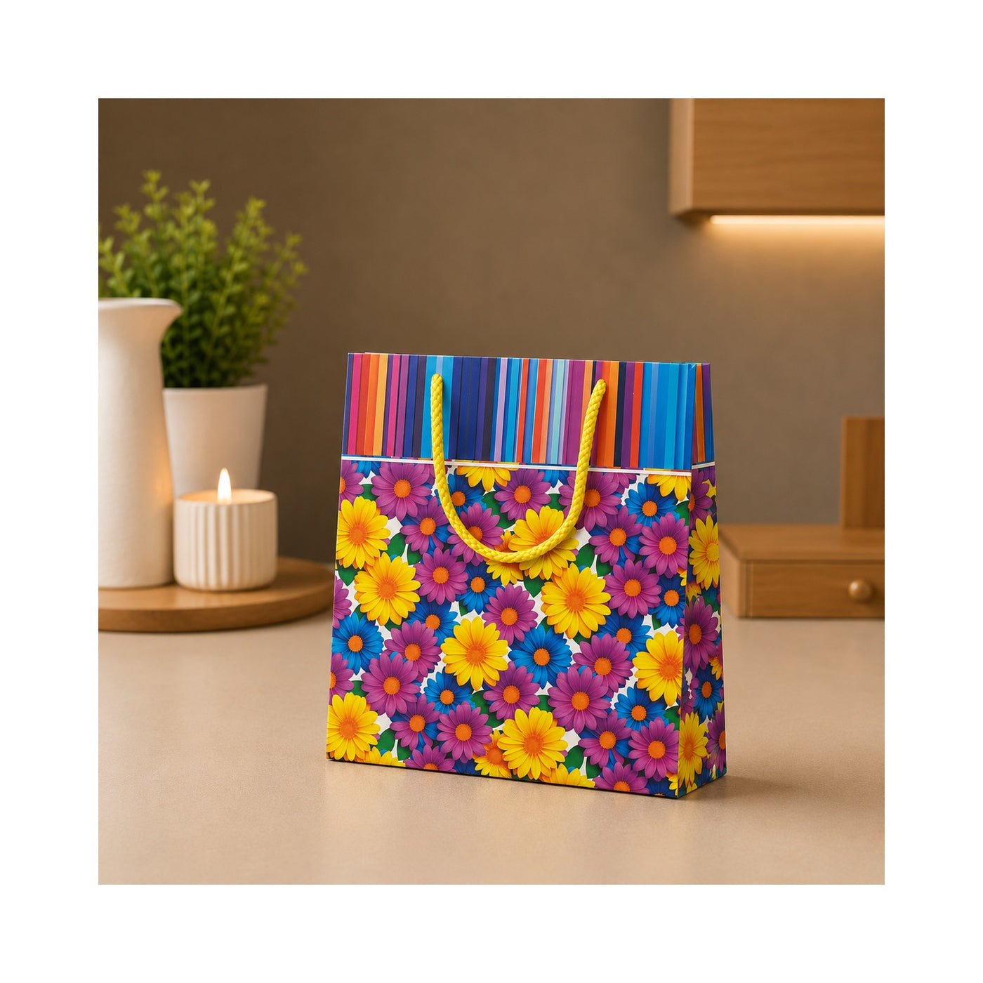Multicolour Floral Stripe Paper Bag - Grover Traders Paper Bag