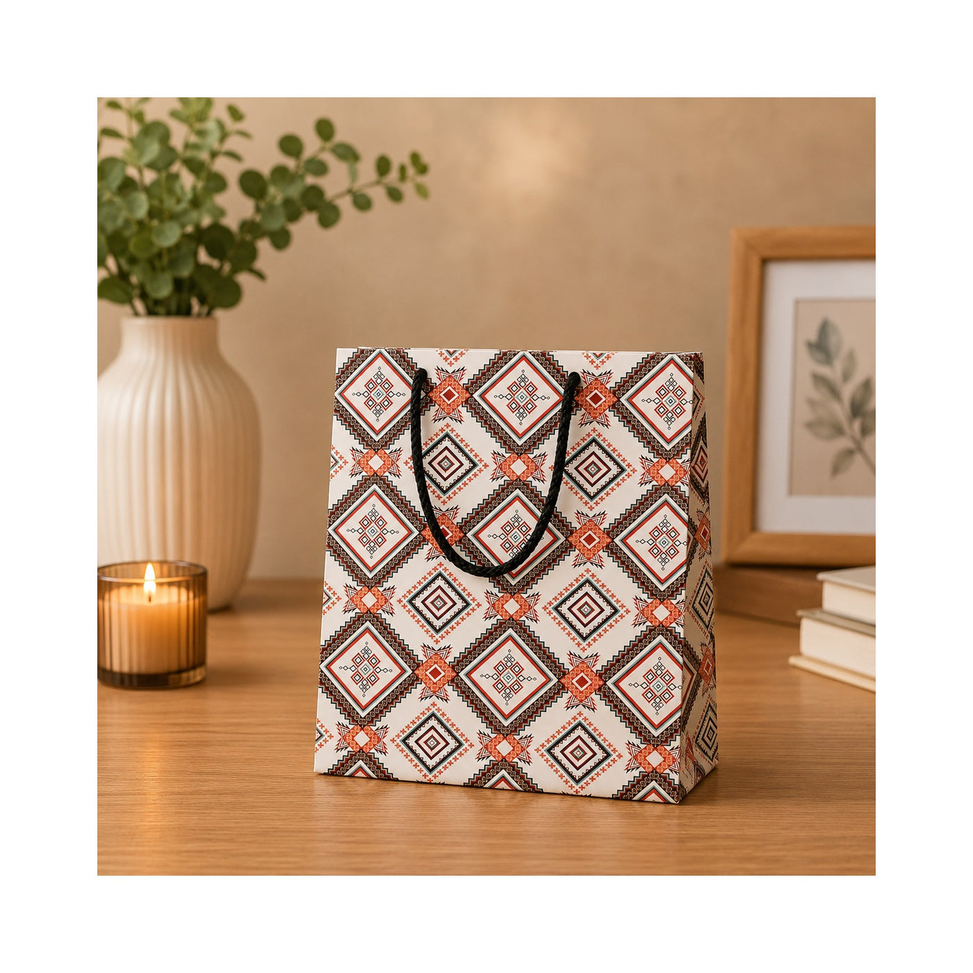 Orange and Black Geometric Paper Bag - Grover Traders Paper Bag