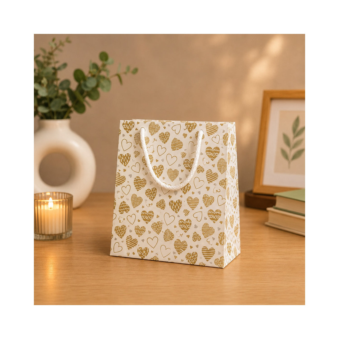 Gold Heart Pattern Paper Bag - Grover Traders Paper Bag