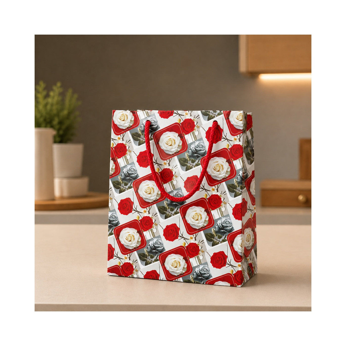 Red Floral Circle Paper Bag - Grover Traders Paper Bag