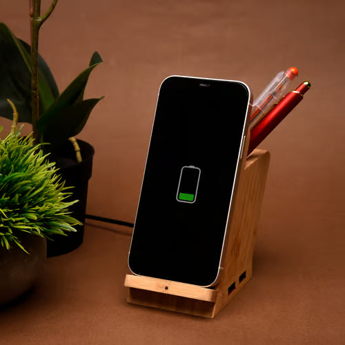 ED300- Wangari Maple 15W Wireless Charger & USB Hub With Pen Stand