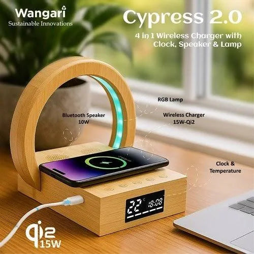 ED61- Cypress 2.0 Bamboo Wireless Charger with Clock and Bluetooth Speaker